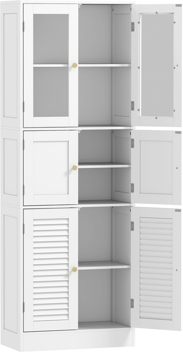 TEKROA® Badkamerkasten - Hoge badkamerkast - opbergmeubel met 6 deuren (2 van glas en 2 met lamellen) - verstelbare plank - wit