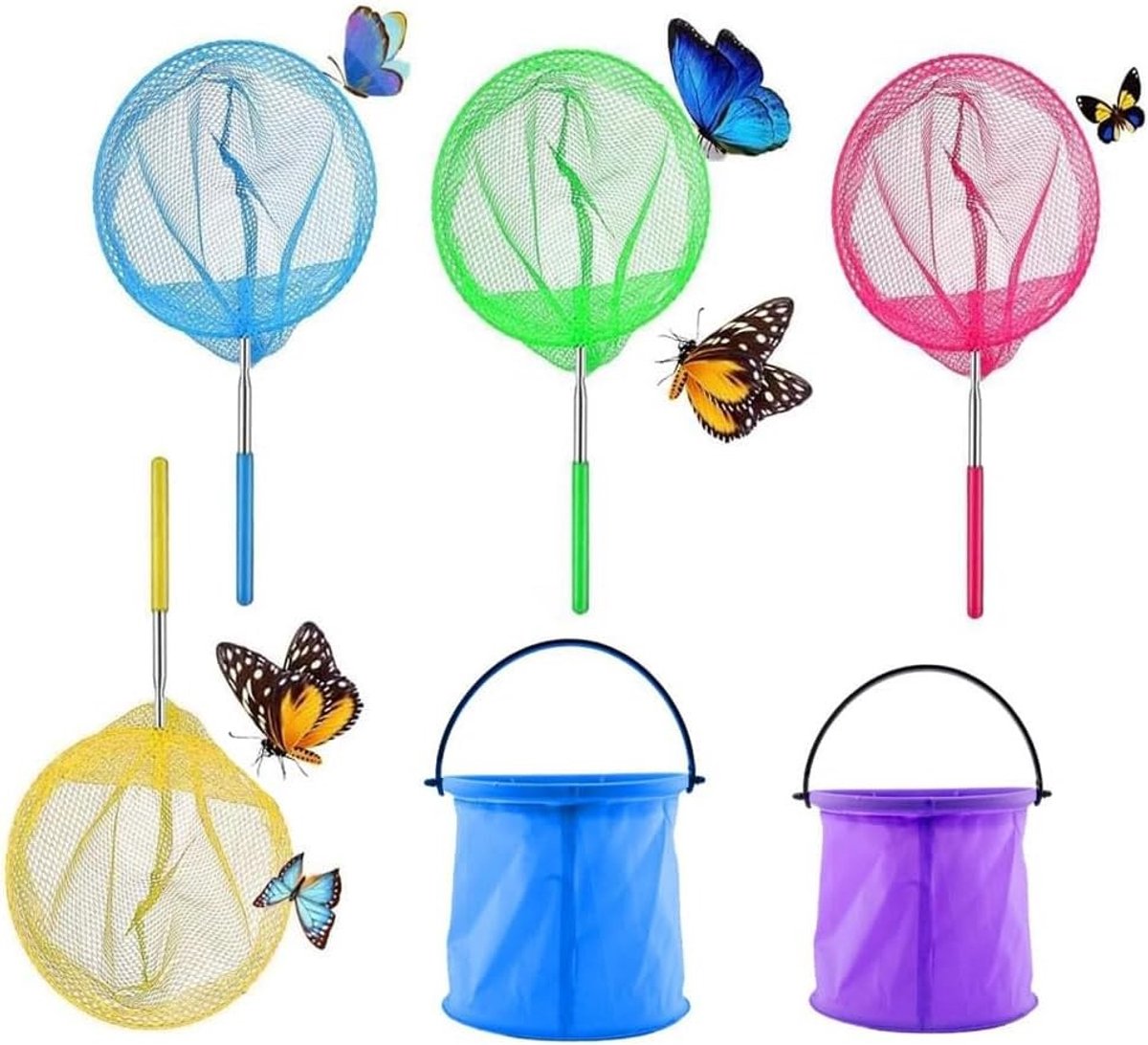Verstelbaar Vleugelnetsysteem met 2 Opvouwbare Emmers, 4 Landing Nets en Telescopische Ontwerp voor Insecten en Vissen, Ideaal voor Buitenactiviteiten en Natuuronderzoek