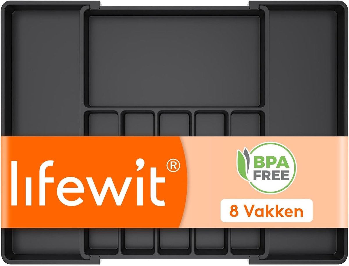Bestekbak voor 114 delen - Zwart - 39-68 x 47 x 5 cm - Uitschuifbare Plastic Besteklade Organizer - Voor Keukenlades