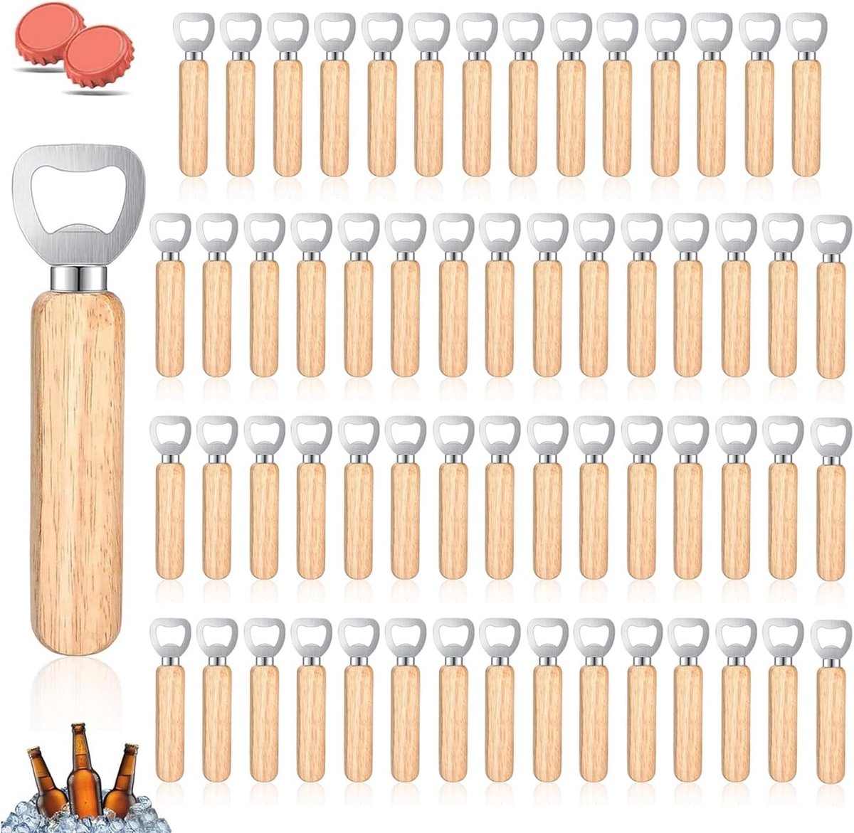 Houten Flessenopeners, Draagbare Flessenopener met Handvat voor Thuis, Keuken en Bar, Gepersonaliseerd en Geschikt voor Feestjes (60 STUKS)
