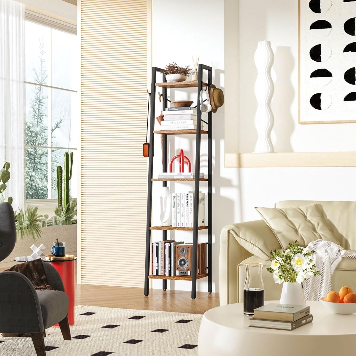 Boekenkast Ladder Rack, DIY Staande Plank, 5 Niveaus, Stabiele X Metalen Frame, Industrieel Ontwerp, Multifunctionele Houten Rek voor Woonkamer, Kantoor en Balkon, Rustiek Bruin, Ruimtebesparend en Stijlvol