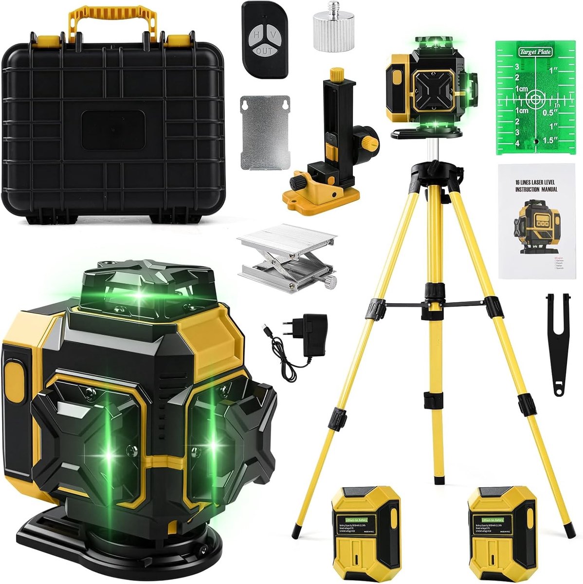 Professionele 4D Laser Waterpas met 16 Lijnen, 4 x 360° Rotatie, Zelfnivellerend en Inclusief Statief, Geschikt voor Bouw en Interieurwerkzaamheden, IP54 Waterdicht, Nauwkeurigheid ± 1 mm/5 m