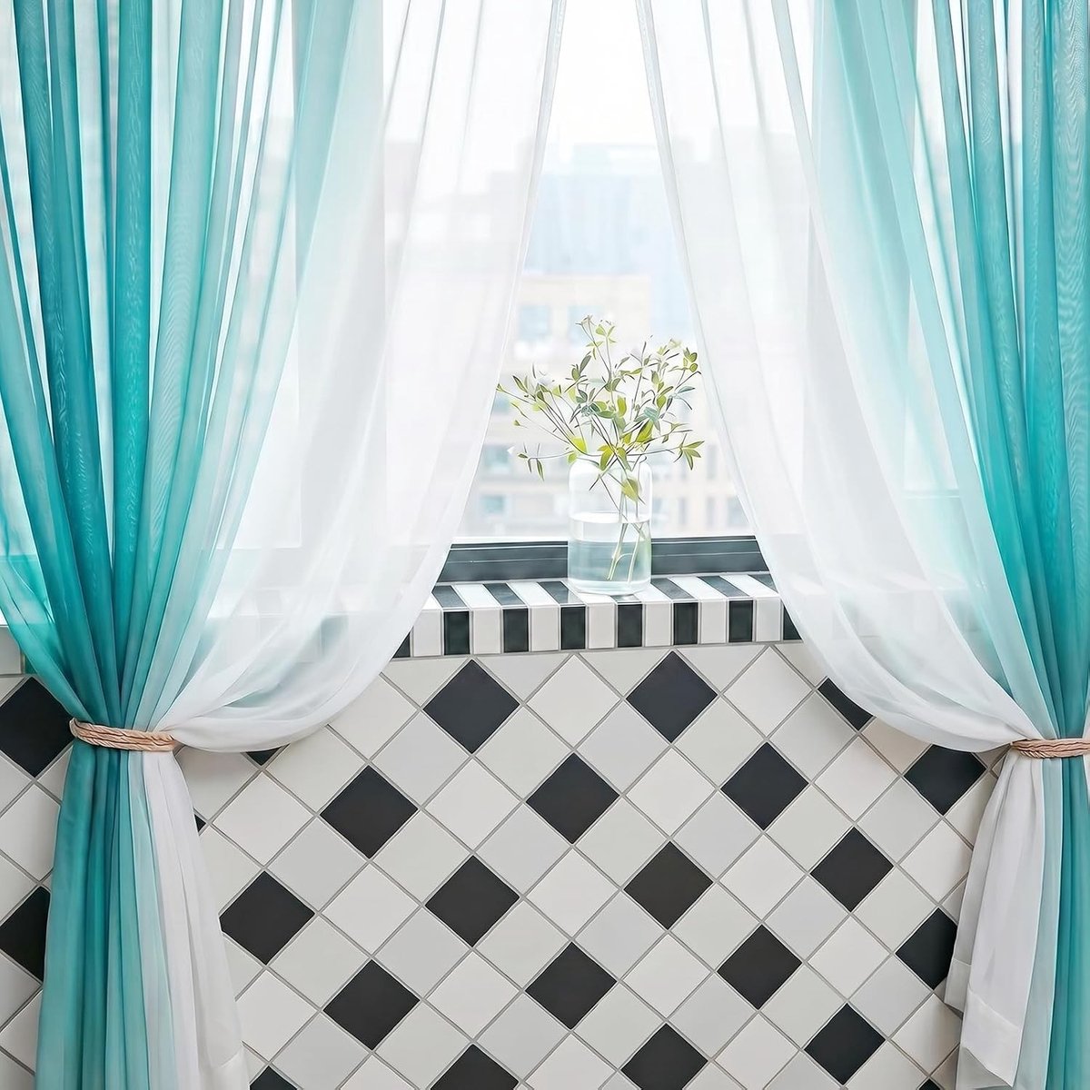 Gestreepte paneelgordijnen - Blauw/Groen - 175 x 140 cm - Transparant Chiffon - Voor Woonkamer en Slaapkamer
