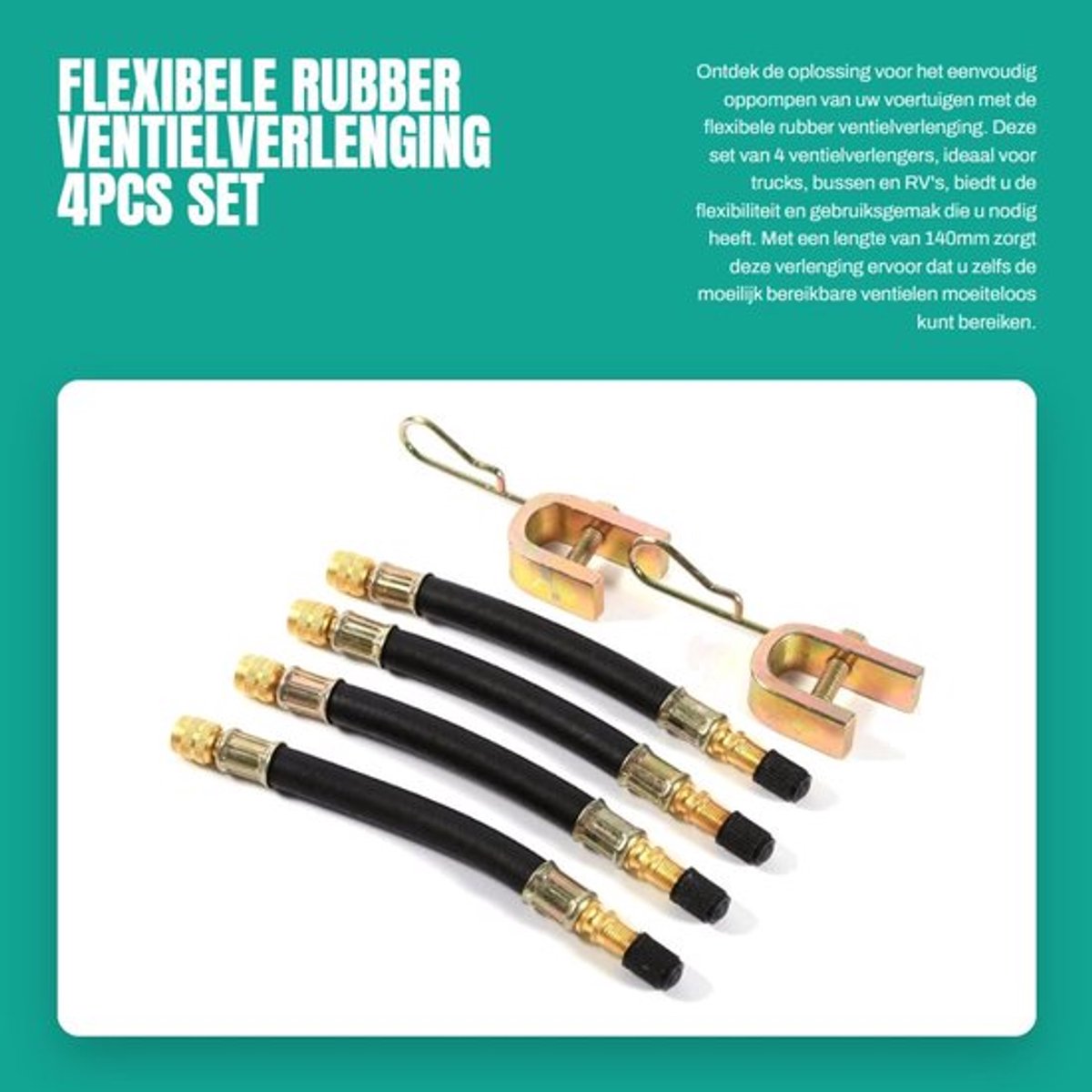 Ventielverlengstuk 140mm - 4 Stuks - Flexibel - Rubber/Metaal - Inclusief Klemmen - Duurzaam en Handig - Ventieladapter