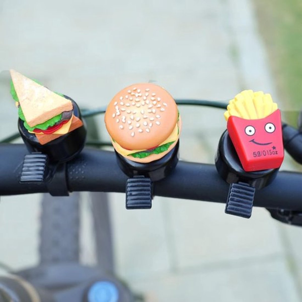 Fietsbel - Grappige Kinderfietsbel - Hamburg/Friet/Sandwich - Duurzaam Kunststof/Aluminium - 120 Decibel Geluid - Voor Volwassenen/Kinderen - Fietsbelletjes