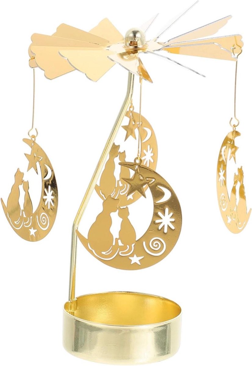 Draaiende Kandelaar - Kaarshouder Carrousel - Romantische Sfeer Creëren - IJzeren Constructie - 8x8x13 cm - Goud