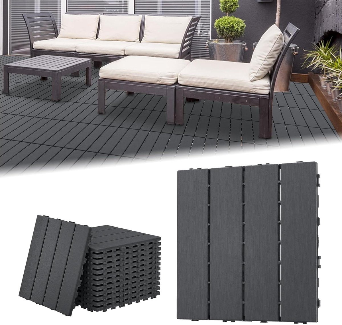 Terrastegels - Balkontegels Tuintegels - Buiten Vloeren - Houtlook Drainage - 30x30 cm - Antraciet