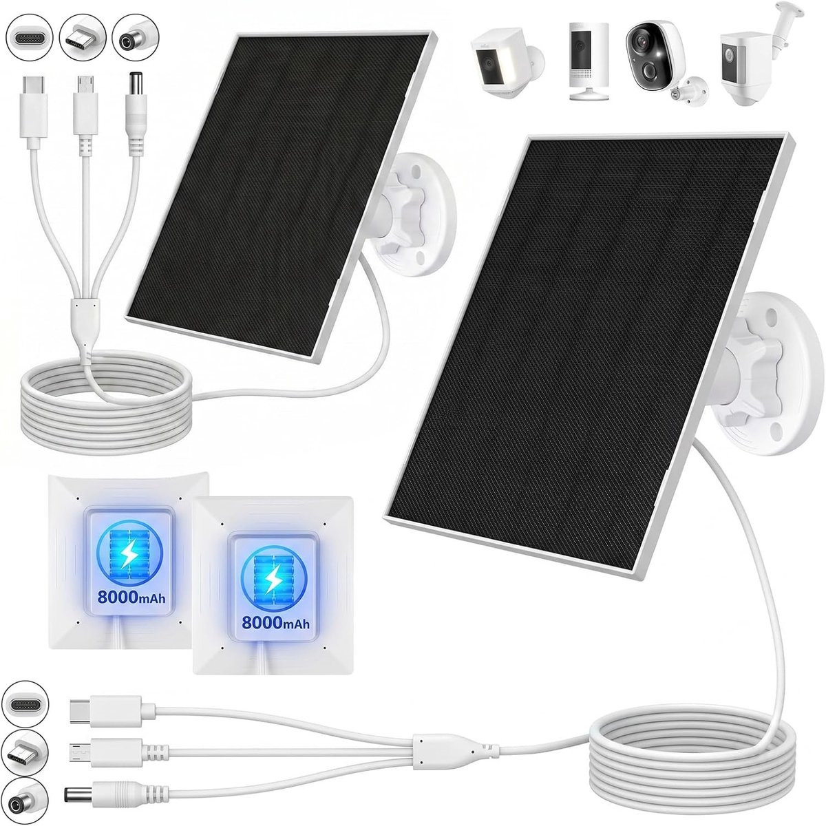 Zonnepaneel met 8000 mAh Accu - Zwart - 5 W/5 V - Waterdicht met Draaibare Houder - Voor Bewakingscamera's en Meerdere Apparaten