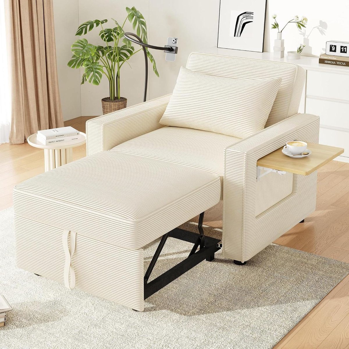Opvouwbare slaapbank - Relaxstoel fauteuil - Ruimtebesparend wonen - Met USB opladen - 1-zits 90x190 cm - Beige