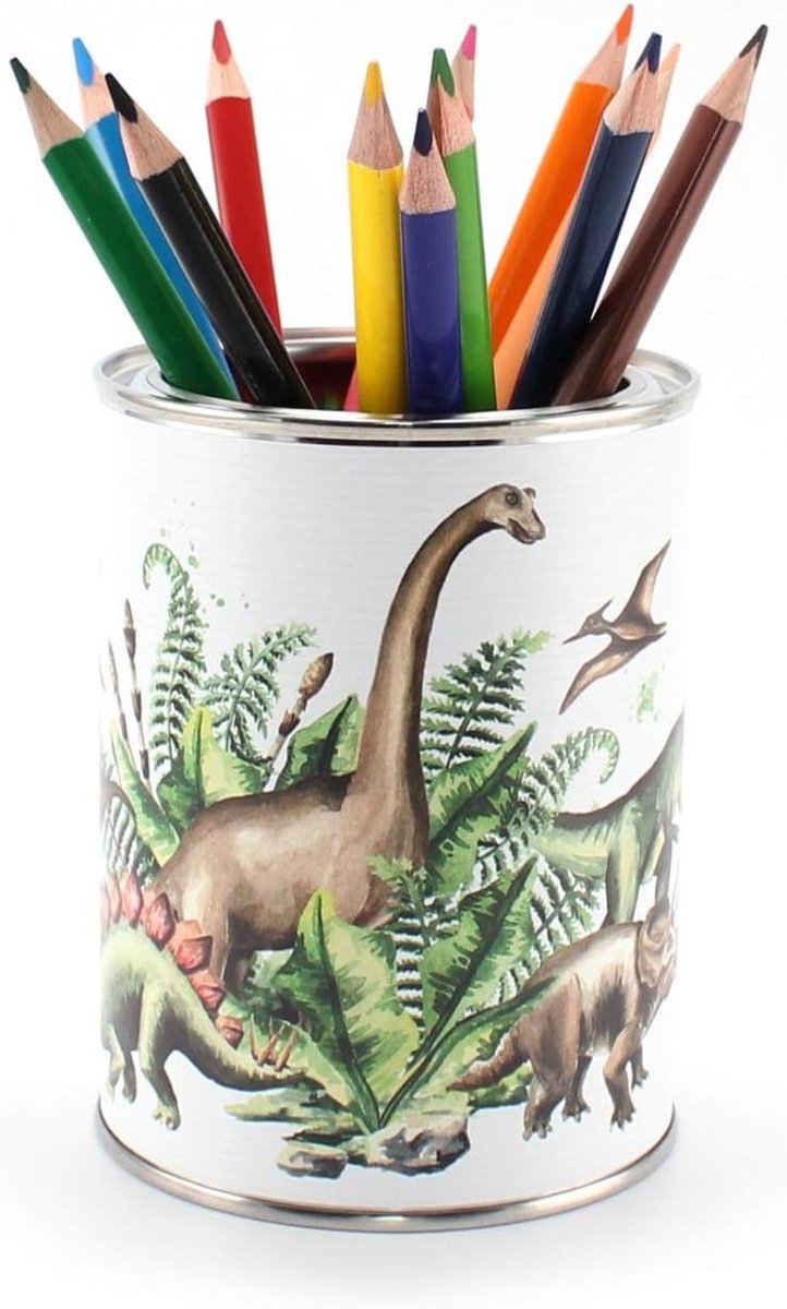 Pennenbeker dinosaurus incl. 12 driehoekige kleurpotloden - kinderpennenkoker pennenhouder bureau organizer jongen