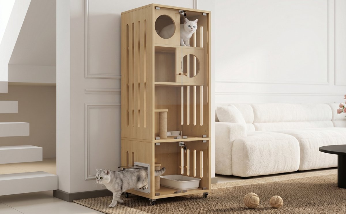 Kooi Met Slot En Wielen – 60 X 50 X 156 Cm – MDF En Glas – Naturel – Binnenverblijf Voor Knaagdieren En Chinchilla’s