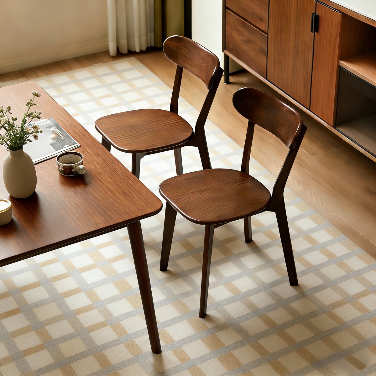 FloraGrace Eetkamerstoel Set Van 2 - Gebogen Rugleuning en Verstelbare Voetpads - Mid-Century Modern - Hout - Walnoot