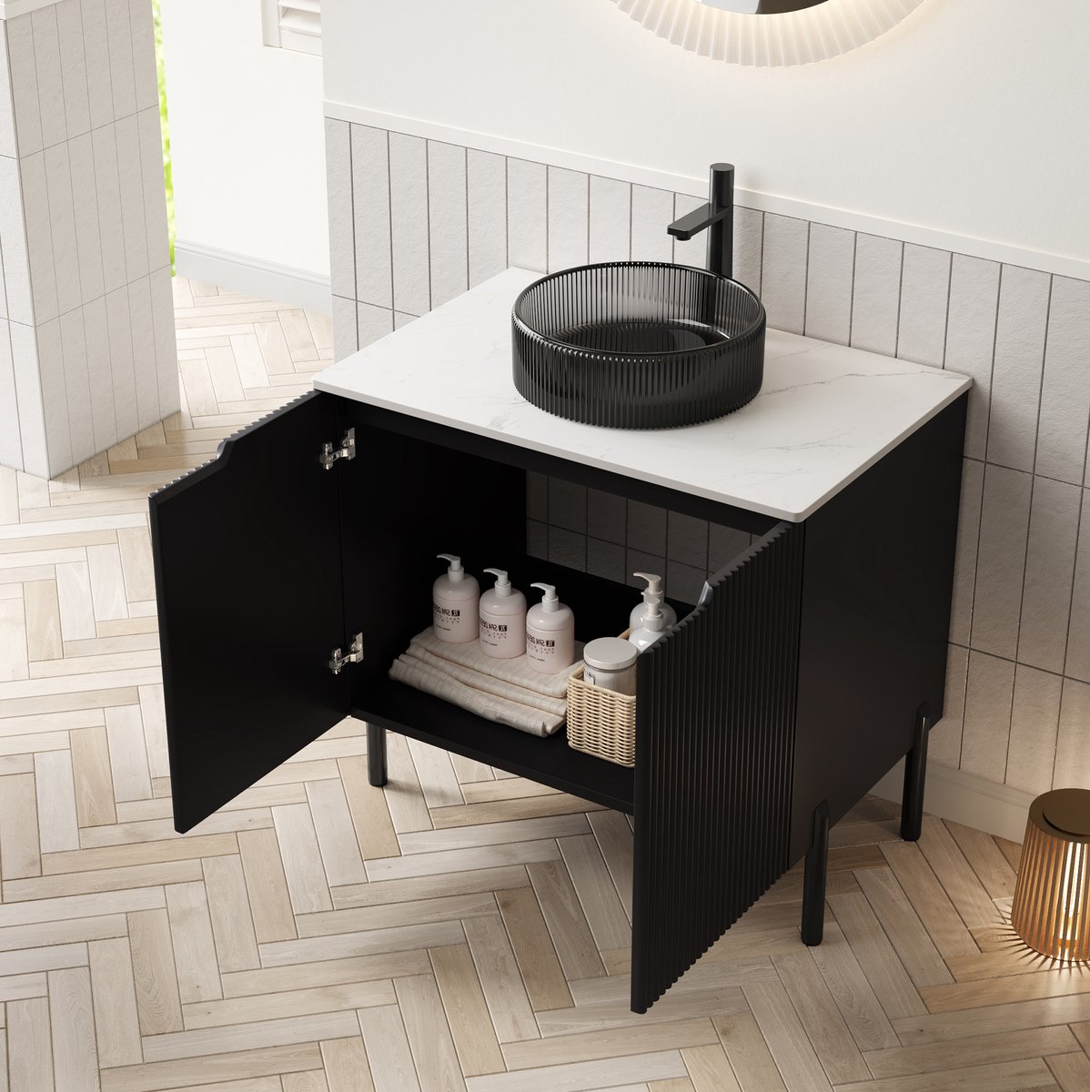 COVREO Wastafelmeubel 76x48x87 cm zwart en wit, zwart glas en gesinterde steen
