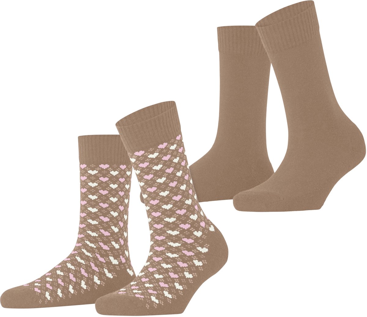Esprit Wool Hearts 2 Pack gedessineerd katoen multipack sokken dames bruin - maat 39-42