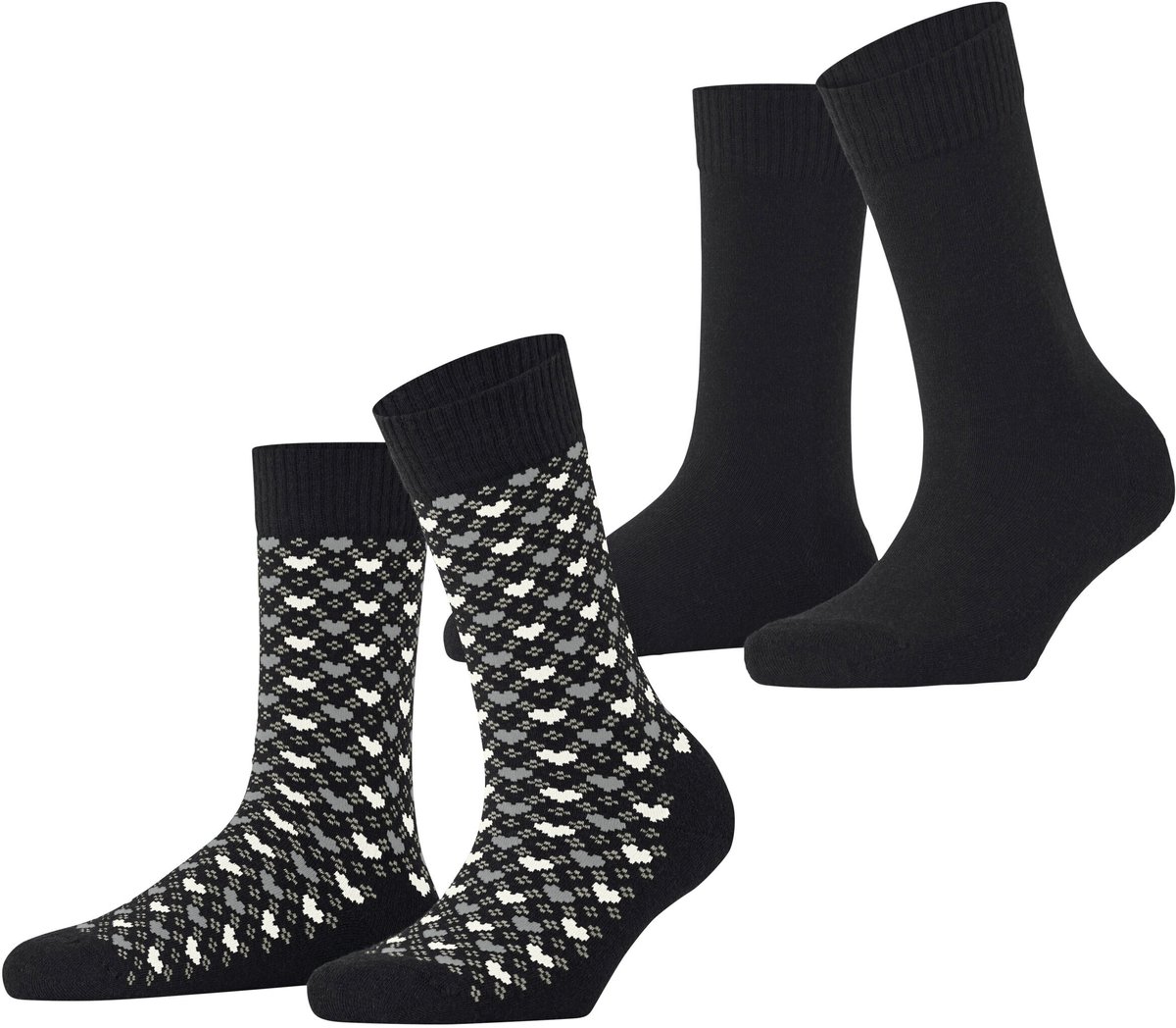 Esprit Wool Hearts 2 Pack gedessineerd katoen multipack sokken dames zwart - maat 39-42