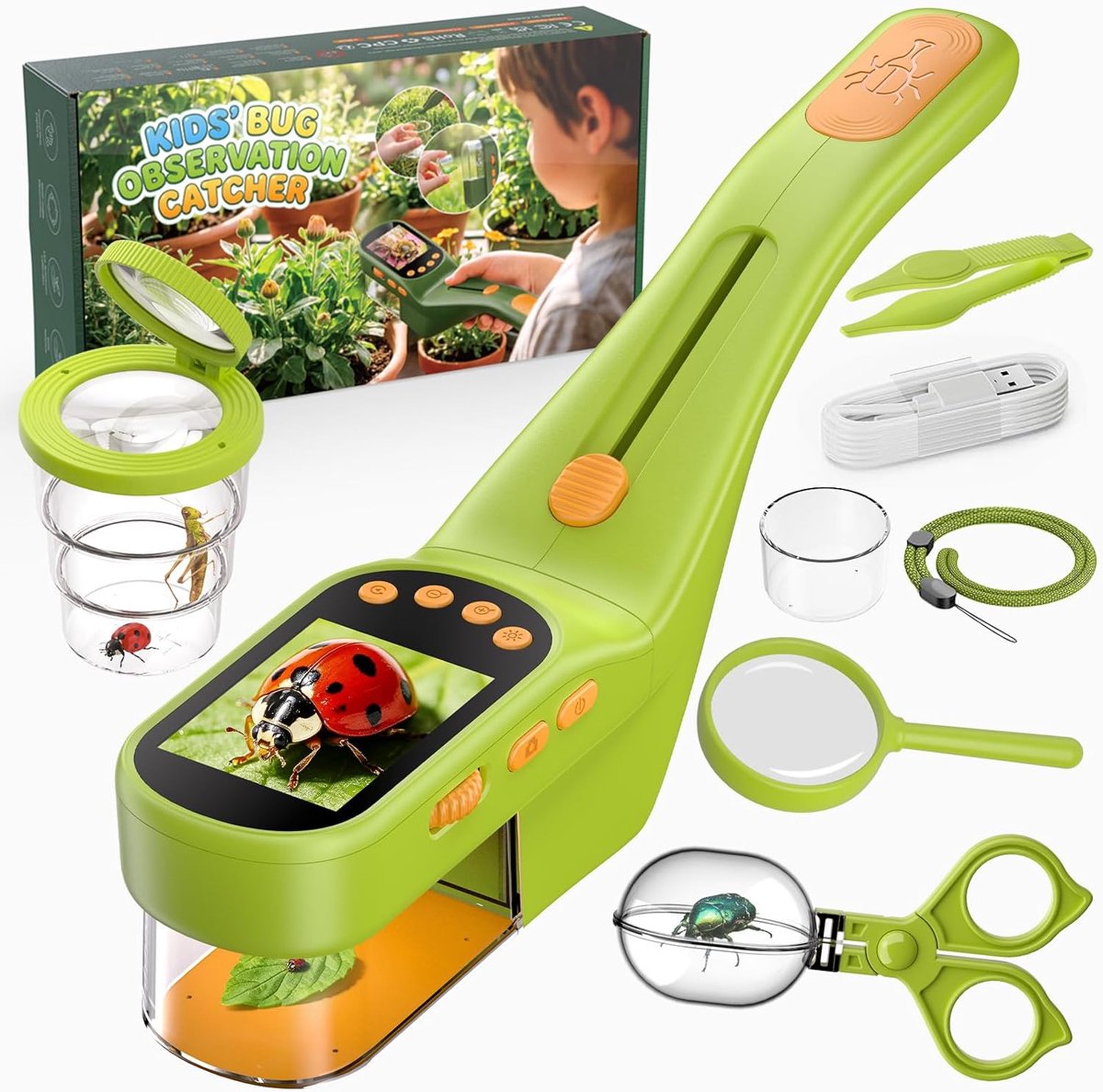 Microscoop - Kinder microscoop - Kindermicroscoop met Insectenvanger Kit - Digitale Handmicroscoop 500x Zoom met 2.4" IPS Scherm & LED - 9-in-1 Buitenspeelgoed STEM Educatief Cadeau voor Kinderen - Lichtgroen