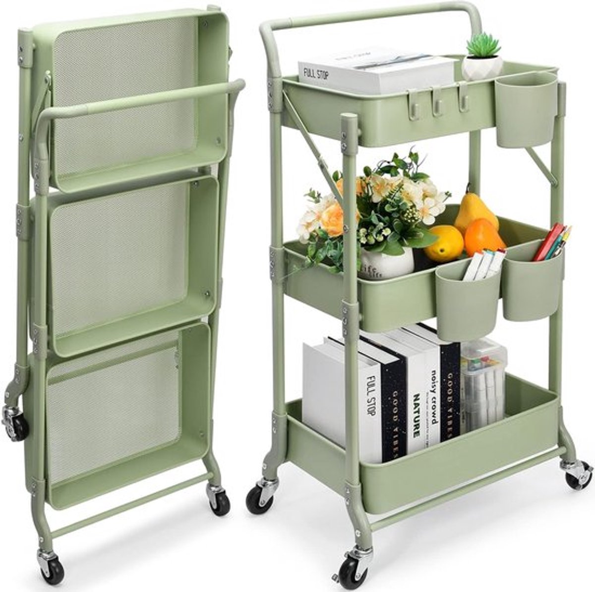 SnelShoppen - 3 Laags Keuken Trolley - Vouwbare Metalen Kar met Wielen - Organizer voor Keuken, Badkamer, Kantoor - Ruimtebesparend en Veelzijdig (Gro