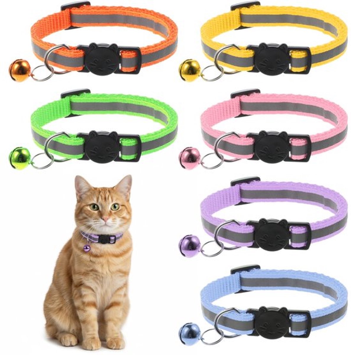 Kattenhalsbanden 6 stuks - Verstelbaar 20-32 cm - Reflecterend - Met belletjes - Veiligheidshalsband - Polyester/ABS - Halsband