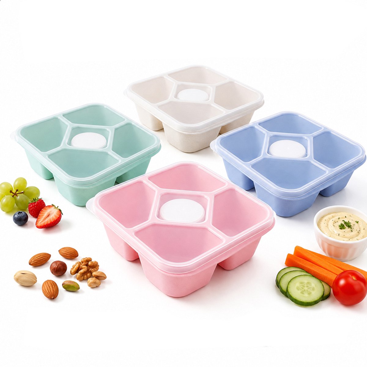 Bobypet - Lunchbox - Snackbox met 5 vakken - 4-delige set - Lekvrij en BPA-vrij - Vaatwasser- en magnetronbestendig - Voor keuken en onderweg - 18*16.5*5.5cm - Roze, beige, groen en blauw