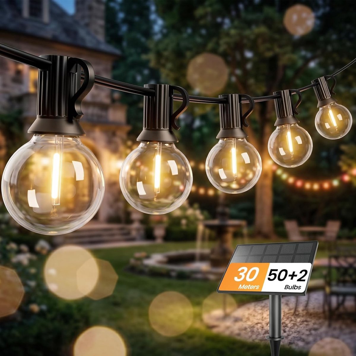 Lichtsnoer op zonne-energie - Geen Kleur - 30 m - Waterdichte LED-lichtketting met 52 Lampen - Voor Buiten en Binnen