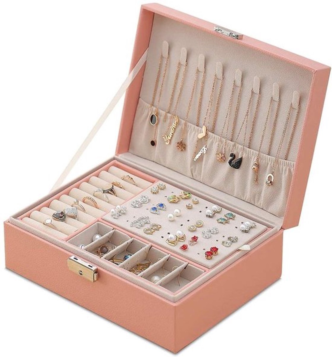 Sieradenkistje Dubbellaags - Sieradendoos voor Volwassenen - Organizer voor Ringen/Oorbellen/Armbanden - Hoogwaardig PU-leer - Grote Capaciteit - Zacht Pluche Voering