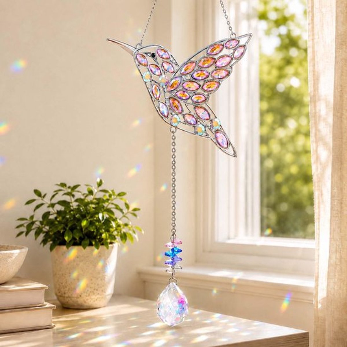 Zonnevanger Kristallen Kolibrie - Raamdecoratie Binnen/Buiten - Decoratief Ornament - Perfect Cadeau - Veiligheidswaarschuwing