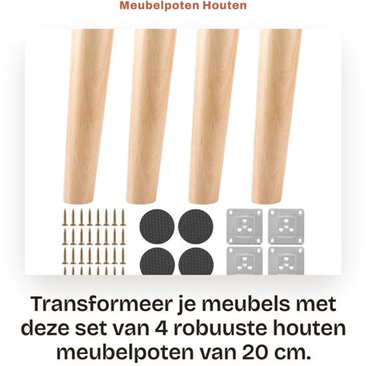 Meubelpoten 20 cm - Houten Poten - Set van 4 - Ronde Poten - Montageplaten - Robuuste Eiken Poten - Tafelpoten