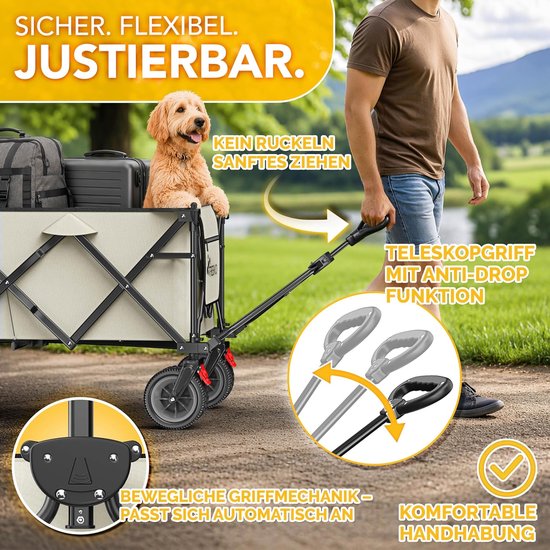Bolderkar Opvouwbaar - Handwagen Transportwagen - Spullen Vervoeren - Extra Brede Banden - 300 liter - Beige — afbeelding 3