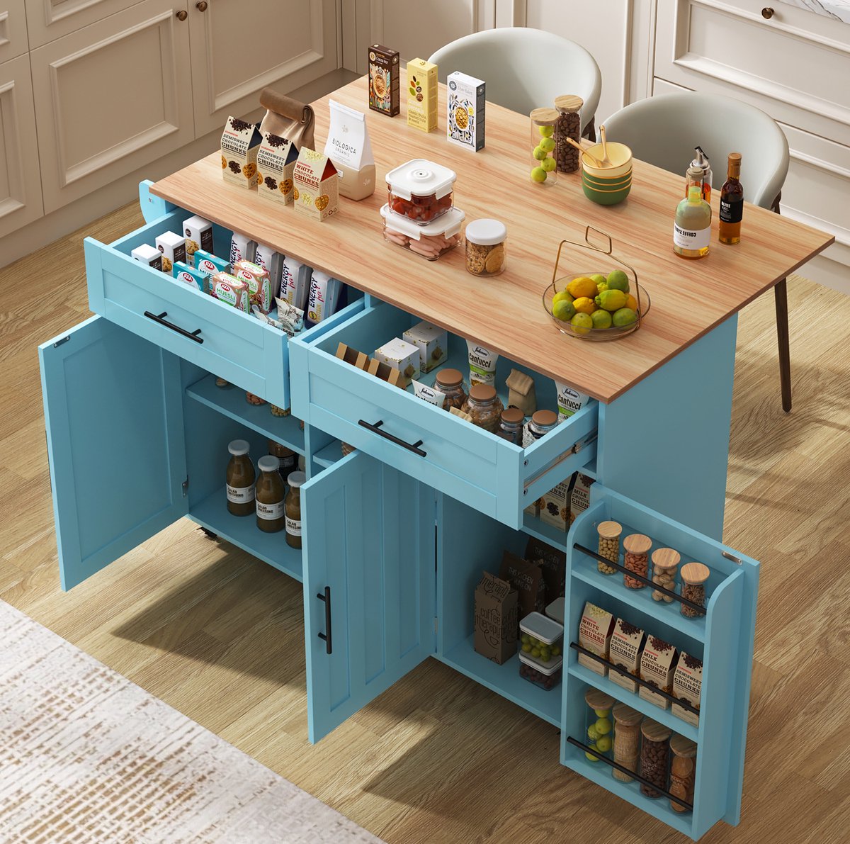 Keukenkast – Opklapbaar Werkblad – 129 x 46 x 91,5 cm – MDF – Blauw – Wielen en Verstelbare Planken