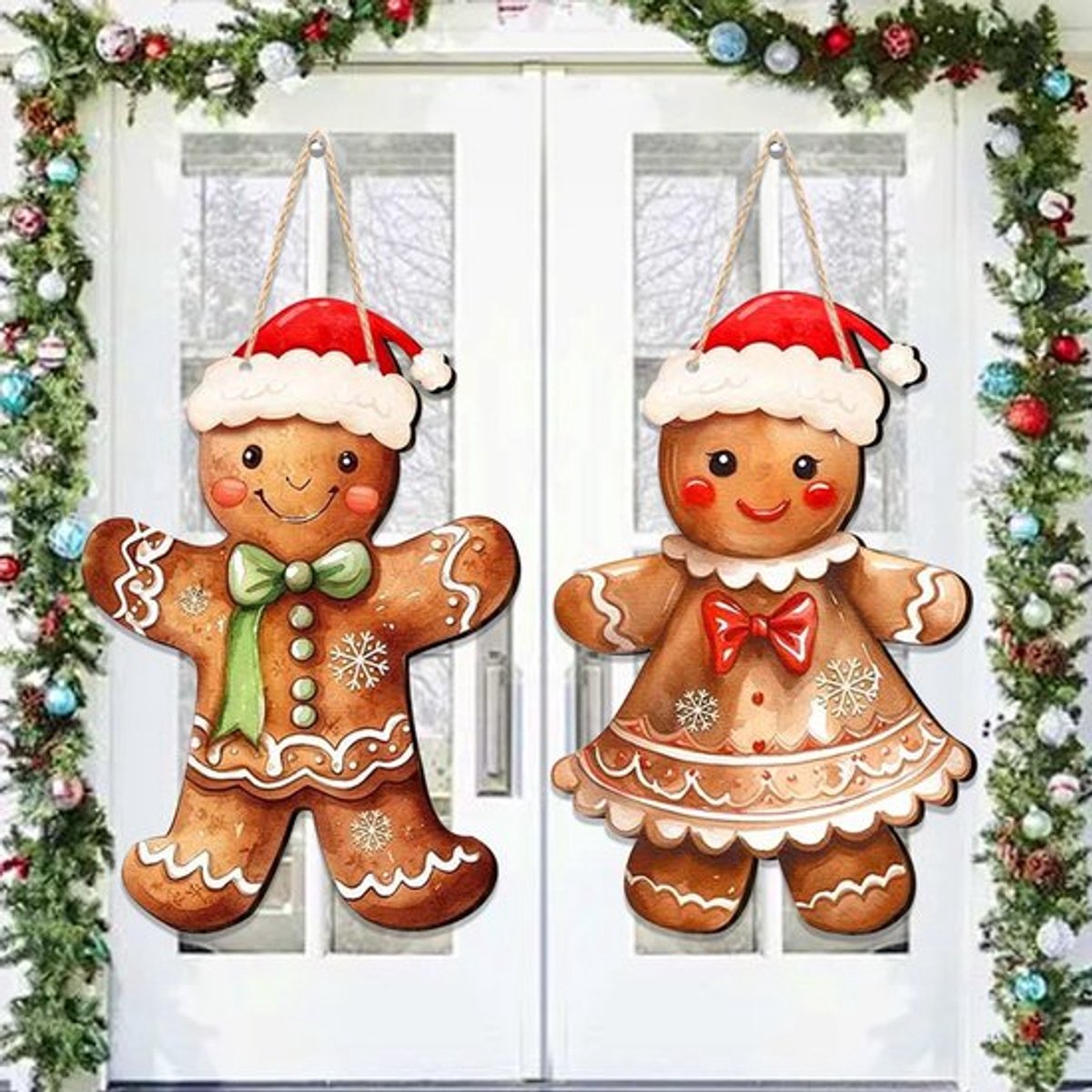 Kerstdeurhanger Peperkoekmannetje - 2 Stuks - Houten Decoratie - 30 x 15 cm - Schattige Versiering - Voor Binnen/Buiten - Kerstdecoratie