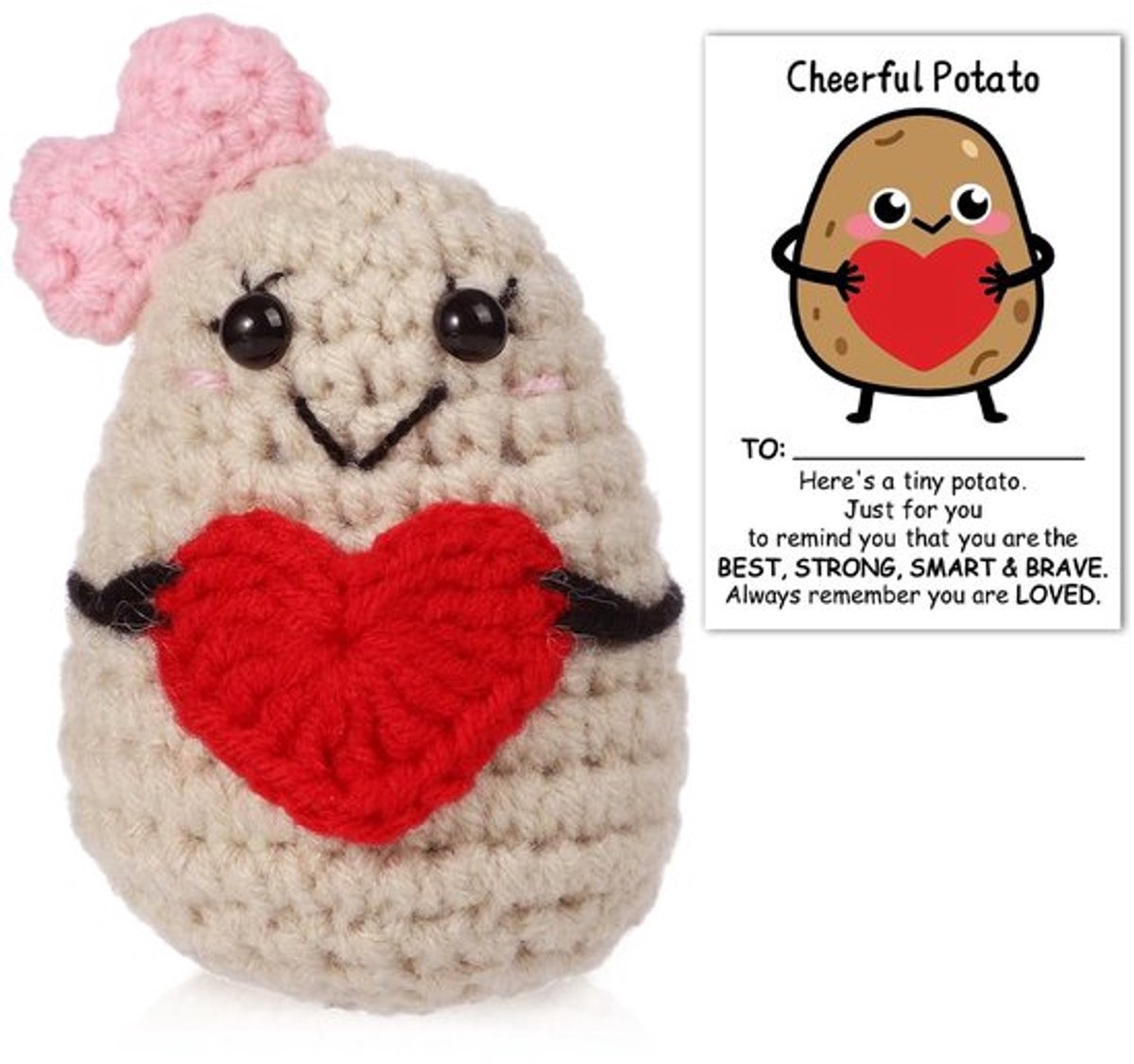 Aardappelpop 7,5cm - Grappige Aardappel - Positieve Bevestigingskaart - Creatief Cadeauspeelgoed - Feestdecoratie - Premium Wolgaren - Knuffelpop