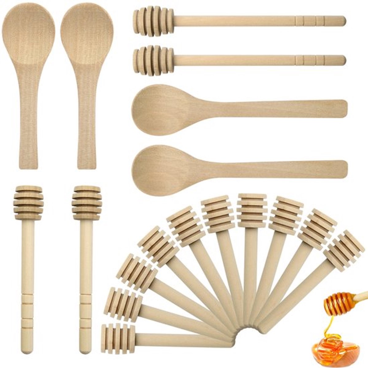 Honingdipper Set - 2x 15cm/2x 10cm/10x 8cm - Houten Honinglepels - Antislip - Lichtgewicht - Duurzaam Materiaal - Honinglepel