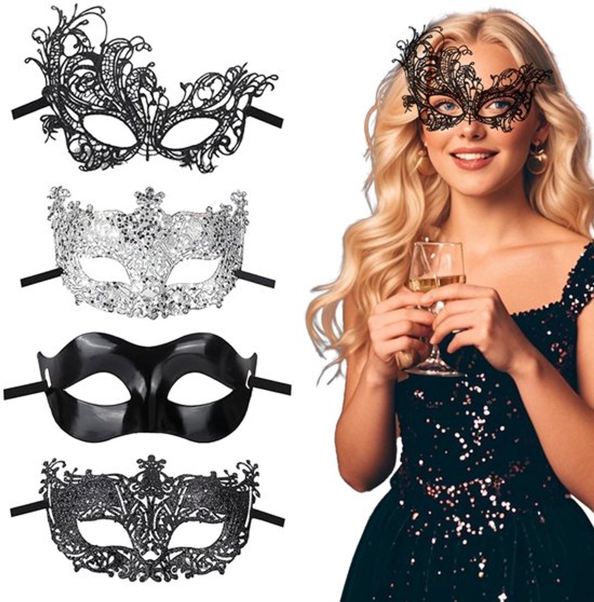 Venetiaans Masker 4 Stuks - Zwart/Zilverkleurig - Kant/Polyester - Retro Maskerade - Kostuum/Party - Comfortabel en Zacht