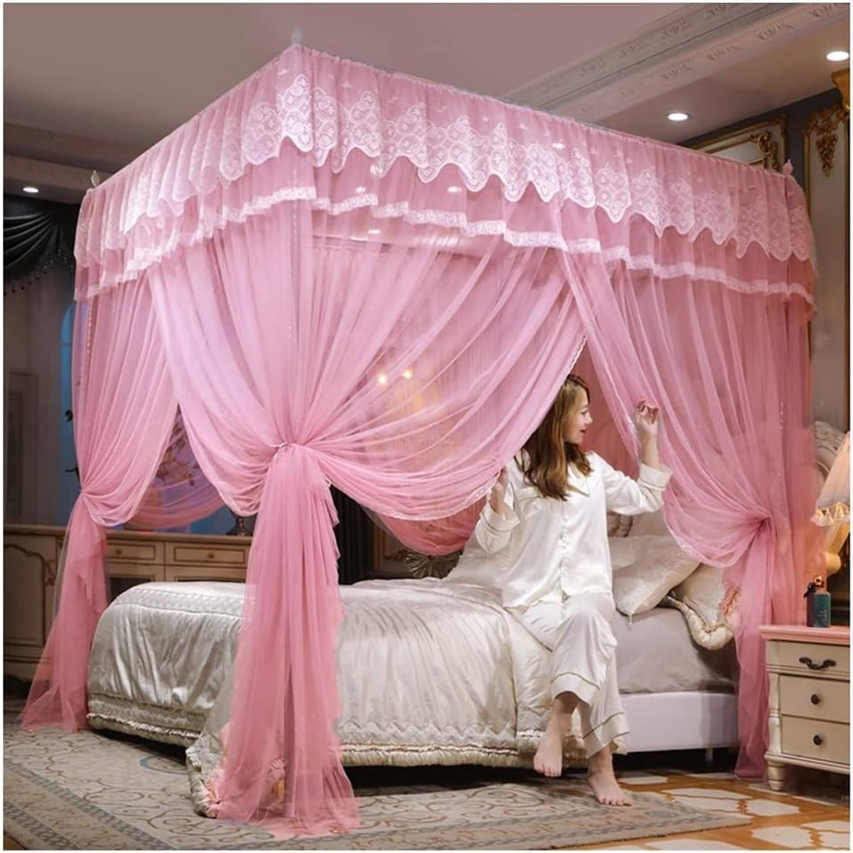 Bed Gordijn Luifel - Hemelbed Tent - Slaapkamer Decoratie - Roestvrijstalen Beugel - 180x200x200 cm - A2