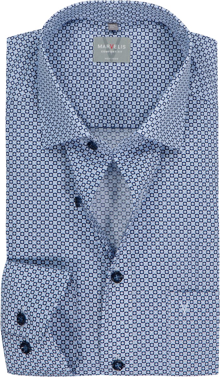 MARVELIS comfort fit overhemd - popeline - wit met licht- en donkerblaw dessin - Strijkvrij - Boordmaat: 47 (EU maat: 3XL)