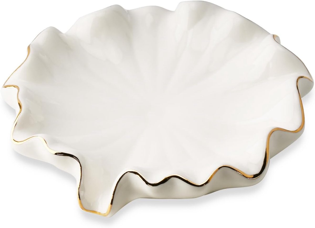Keramisch Zeepbakje Lotusblad - Zelfdrainerend - Voor Badkamer en Keuken - Met Gouden Rand - 13 cm - 1 stuk