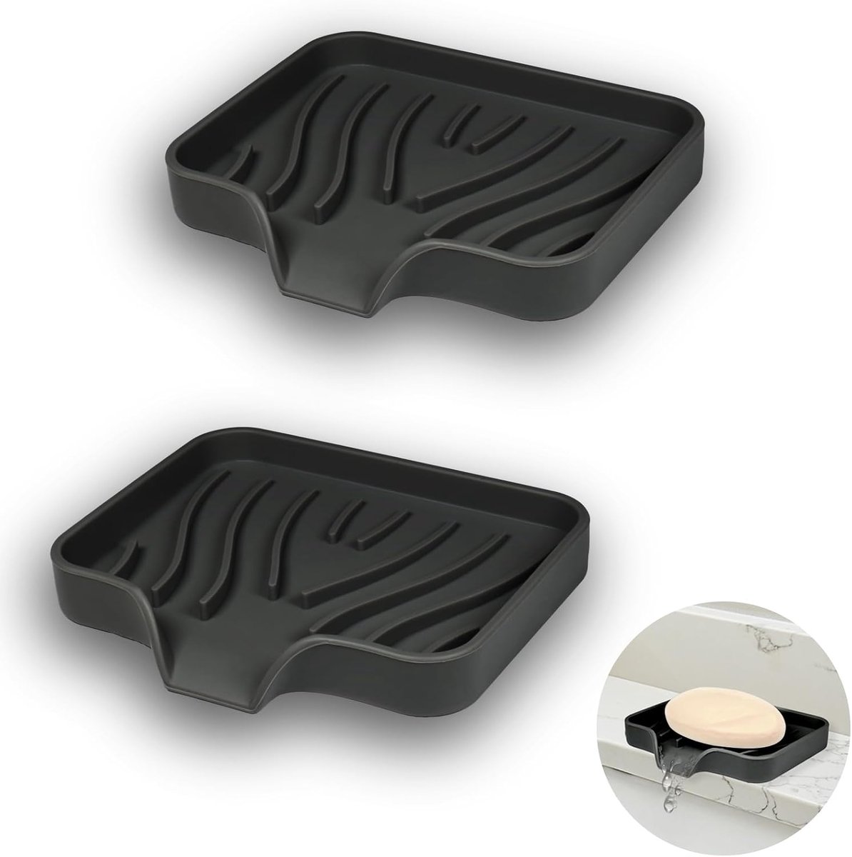 Siliconen Zeepbakje - Met Afvoer en Antislip - Voor Douche, Badkuip en Wastafel- 2 stuks - Zwart