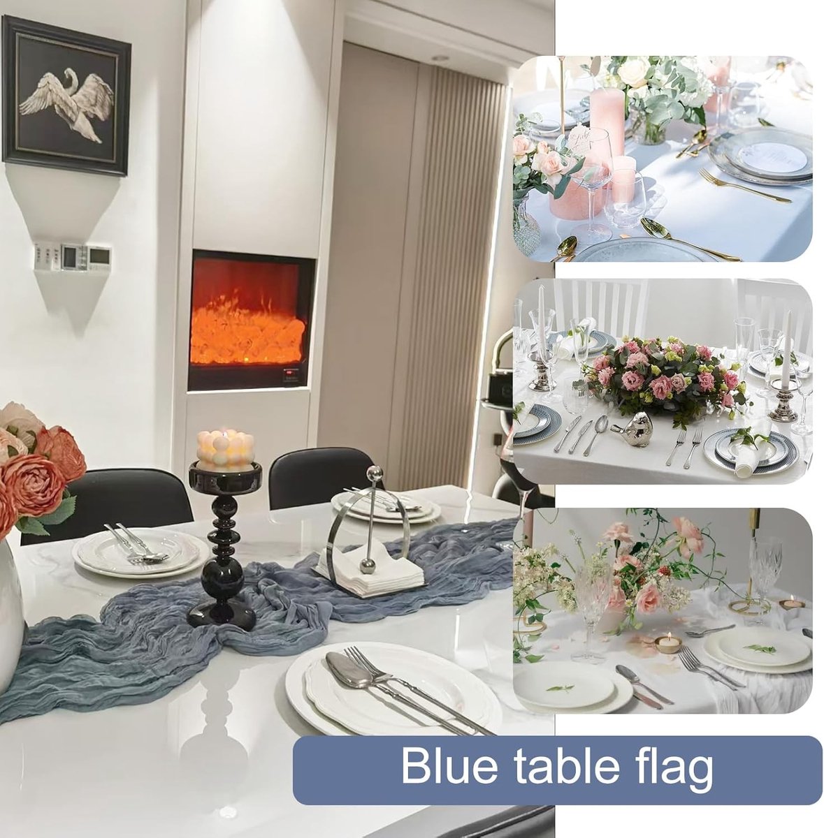 Tafellaken in grijsblauw, blauwe tafelloper, boho tafeldecoratie voor bruiloften, diners en feesten