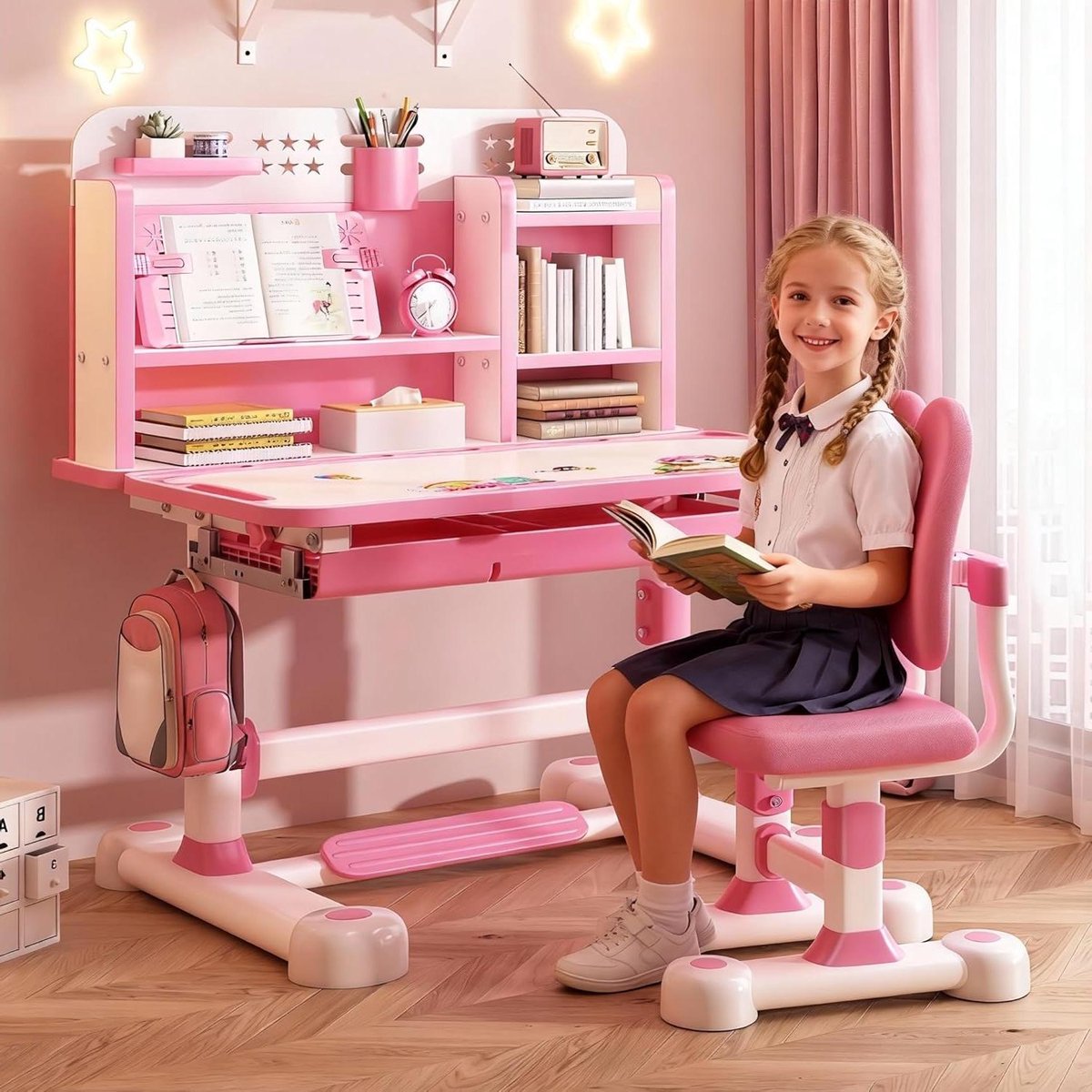 Kinderbureau met stoel - Studie set - Leren en lezen - Dubbele rugsteun - Verstelbare hoogte - Roze