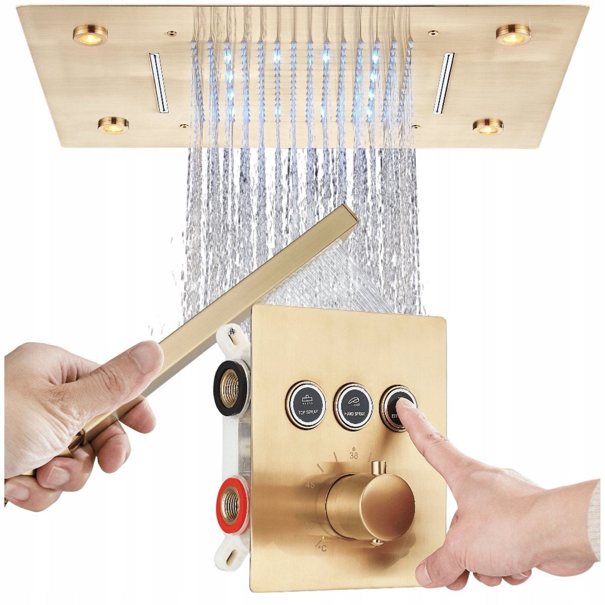 Inbouw Doucheset Thermostaat Goud Waterval Verlicht BOX