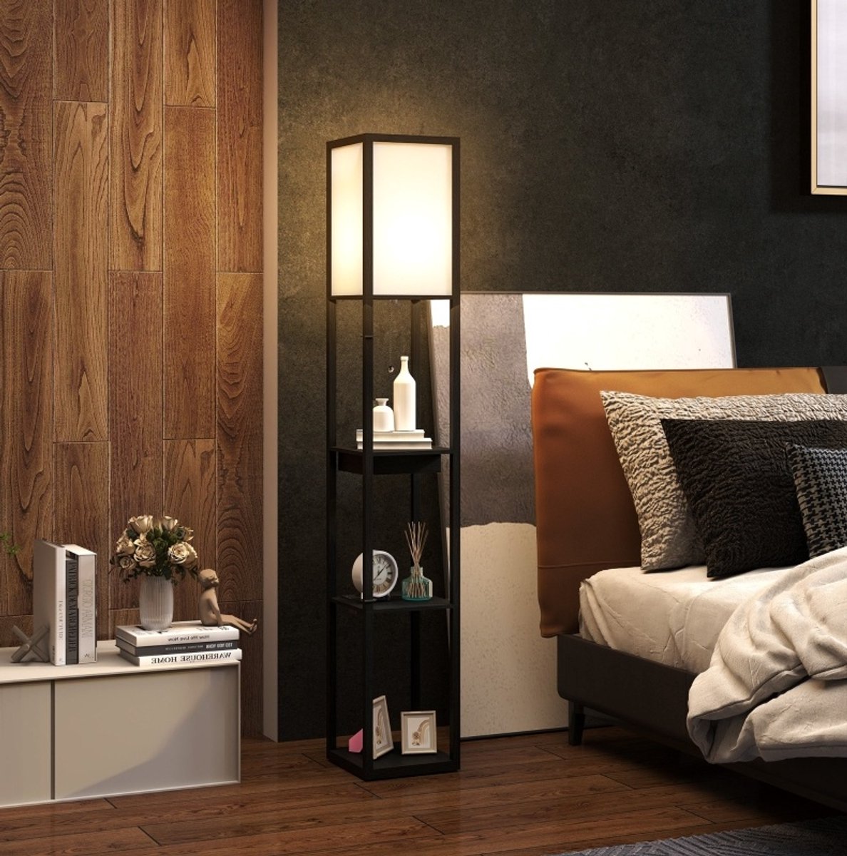 COVREO Staande lamp 26x26x159 cm zwart wit MDF, met USB-A en USB-C