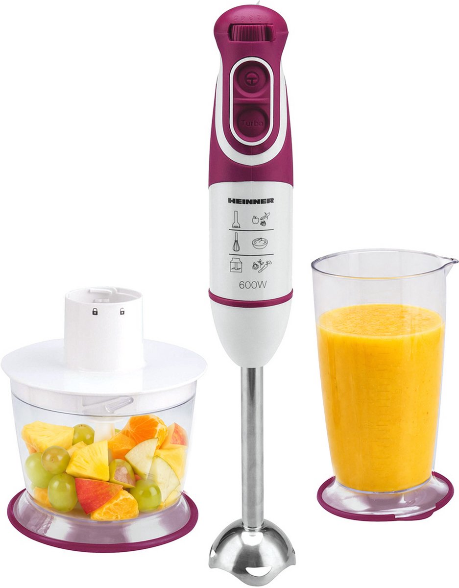 Heinner Staafmixer Set – 600W – 5 Snelheden – Turbo Functie – 700 ml Maatbeker – 500 ml Hakmolen – Garde – RVS Staaf – Wit/Bordeauxrood