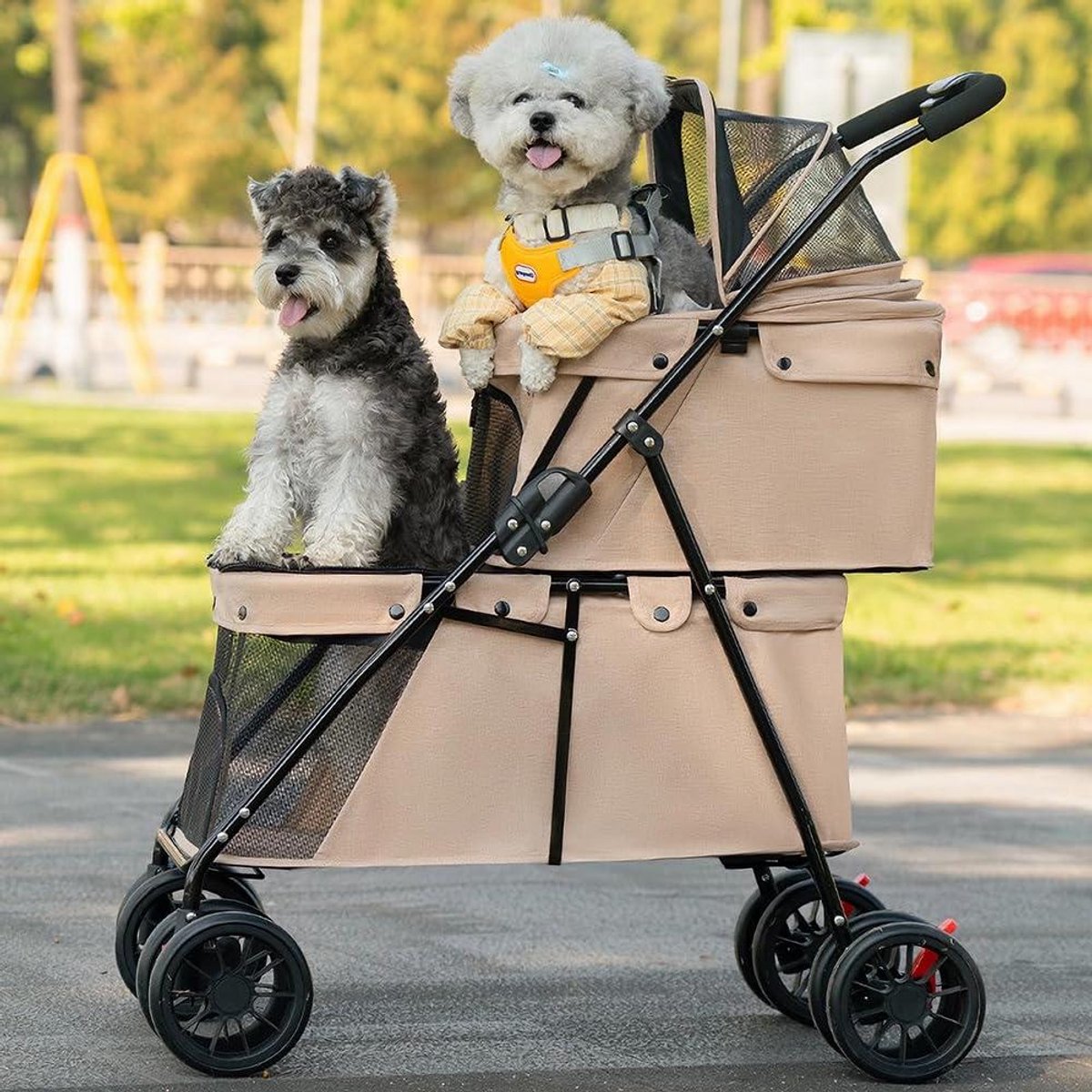Hondenbuggy Dubbeldekker - Dierenwagen Reismand - Comfortabel Reizen - Ademend Mesh - 67 x 50 x 95 cm - Lichtbruin