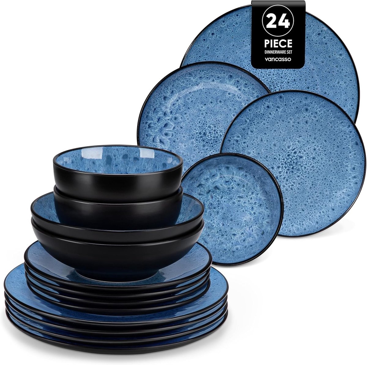 Steengoed dinerset - Blauw - 24-delig - Reactief Geglazuurd Servies - Voor 6 Personen