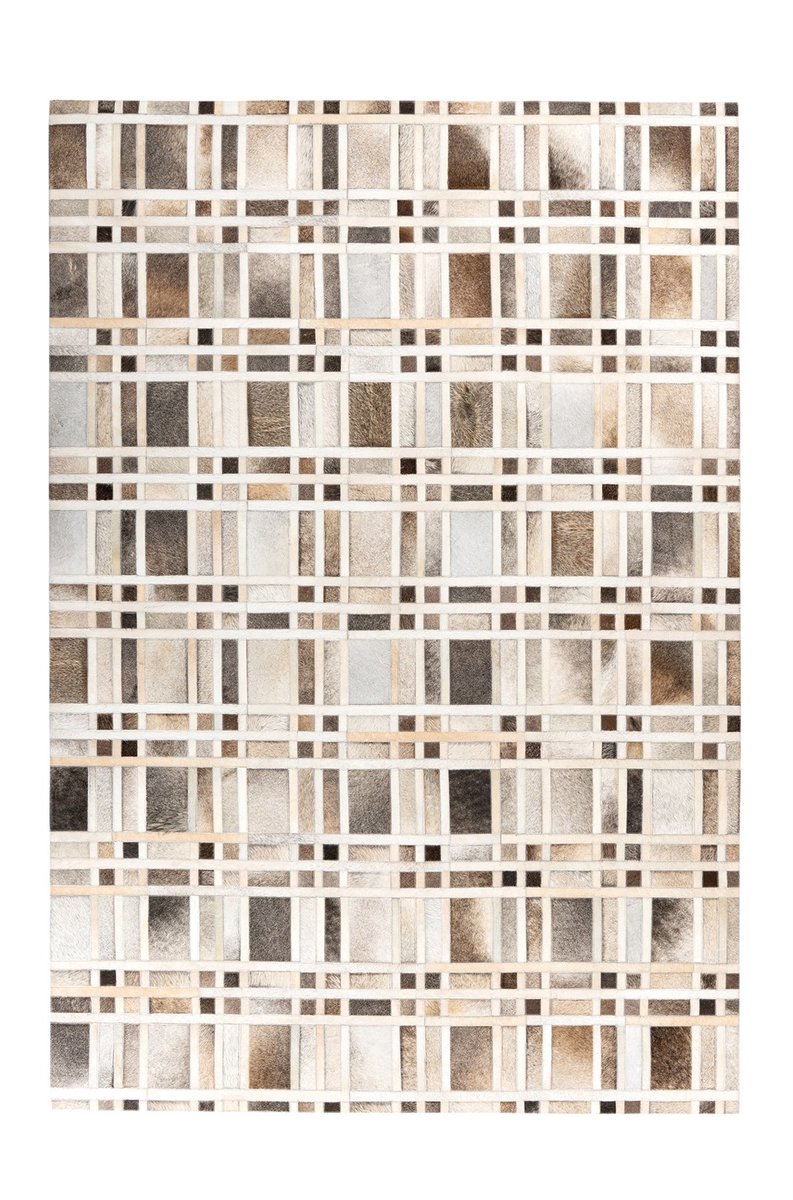 Padiro leren vloerkleed 80 x 150 cm - grijs - modern patchwork design - met rasterpatroon - geschikt voor vloerverwarming - van leer