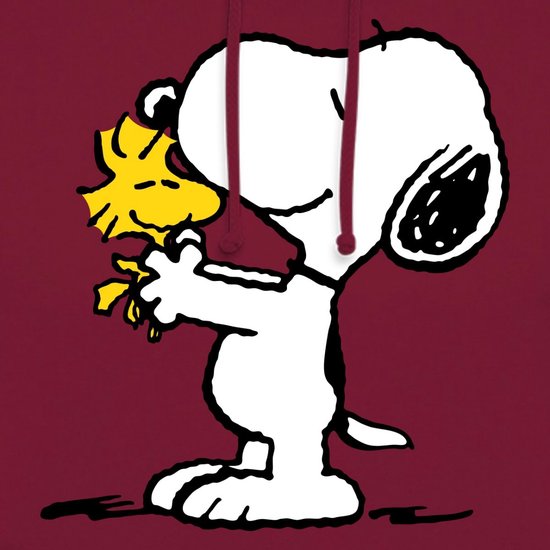 Wijnrode hoodie met opdruk van Snoopy die Woodstock vasthoudt, met trekkoordjes.