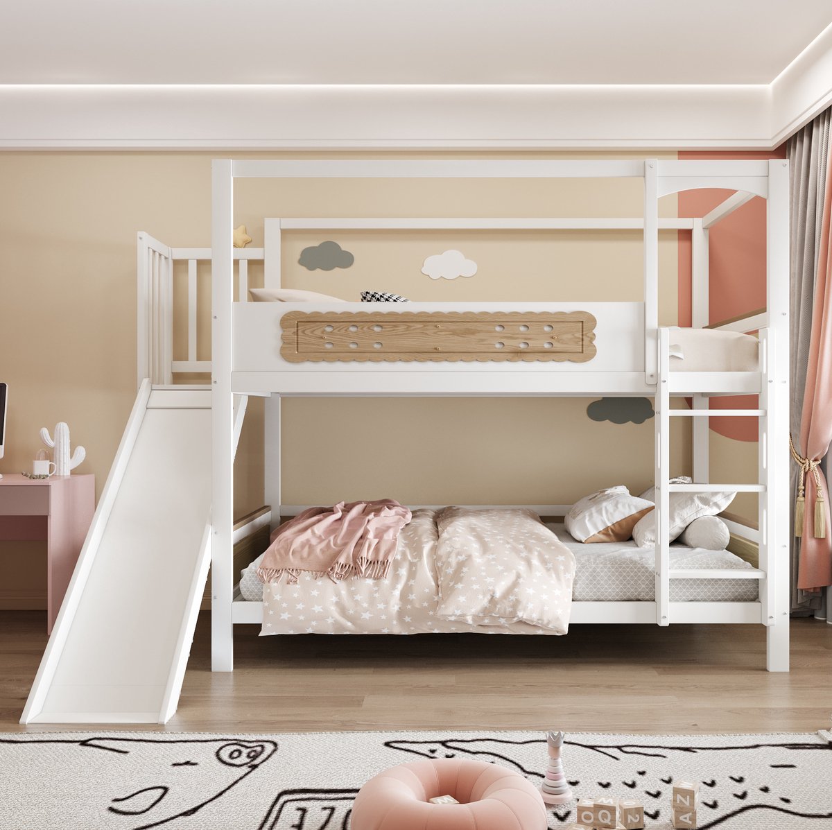COVREO Stapelbed kinderbed 90 x 200 cm - huisvormig frame, glijbaan, ladder, wit en natuurhout