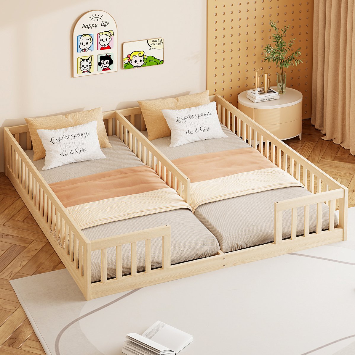 COVREO Paneelbed, 90 x 200 cm, kinderbed, met zijhekjes, lattenbodem (matras niet inbegrepen), geschikt voor gezinnen met twee kinderen, gemaakt van grenenhout, eenvoudige stijl, natuurlijke kleur. Natural