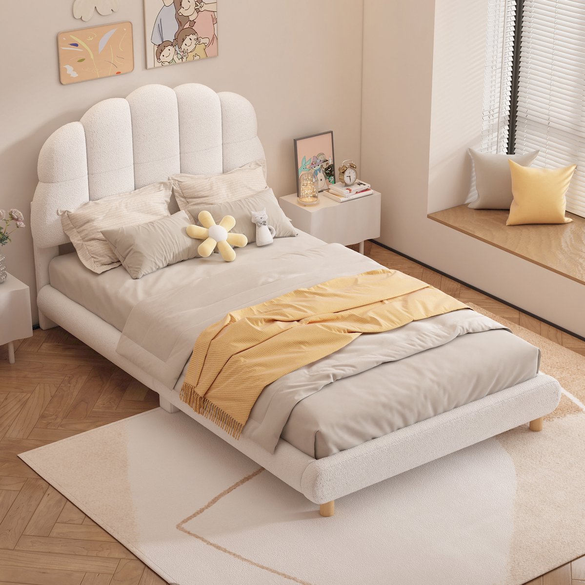 COVREO Kinderbed 90x200 cm - wit, plush en MDF, met bloemvormig hoofdbord