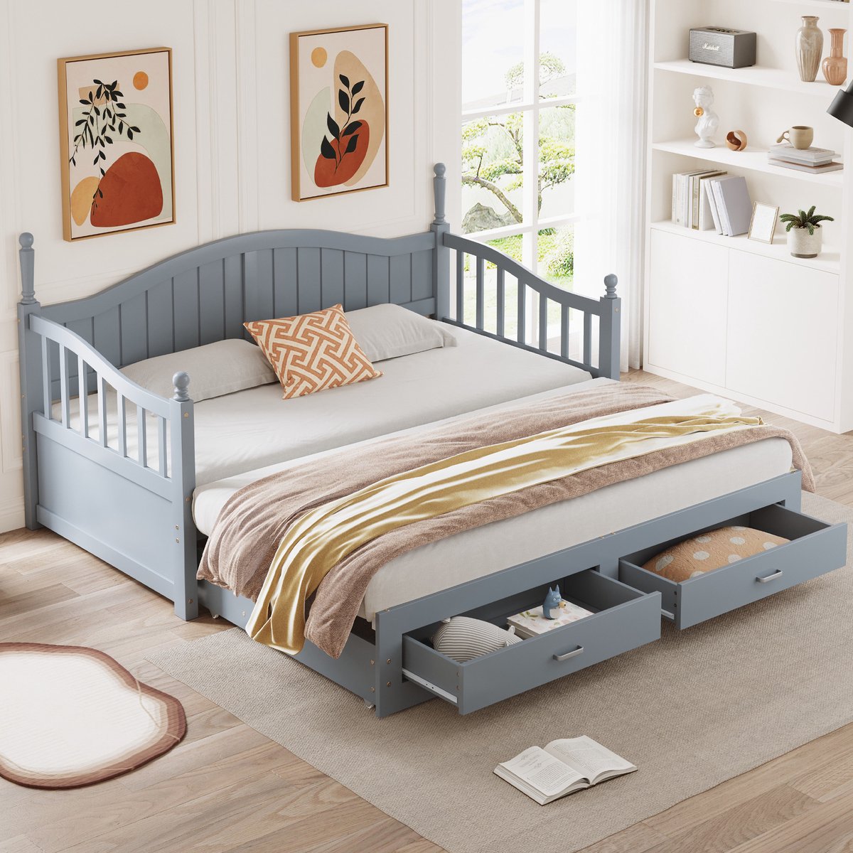 COVREO Uitschuifbare slaapbank met 2 lades – 90x190 cm – Bedbank met lattenbodem – voor logeerkamer of studio – Grijs - zonder matras